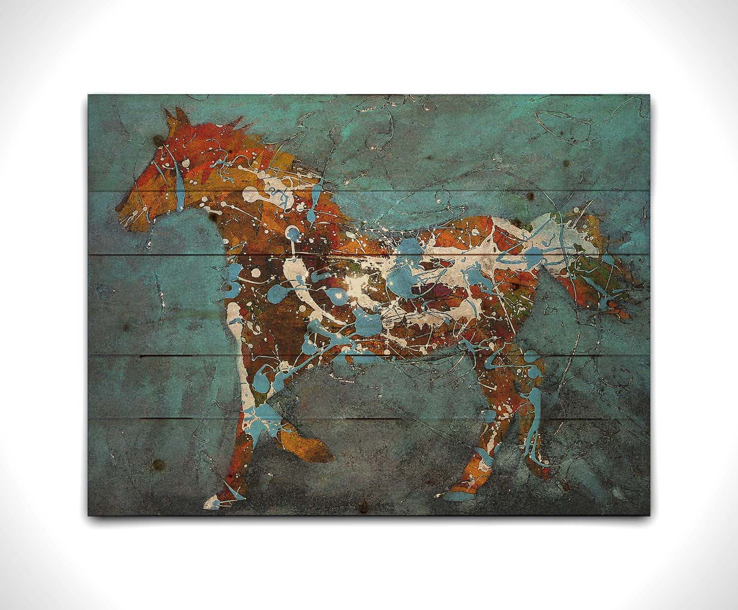 A drip painting of a brown silhouetted horse accented with blue and white, against a blue background. Printed on a wood pallet.