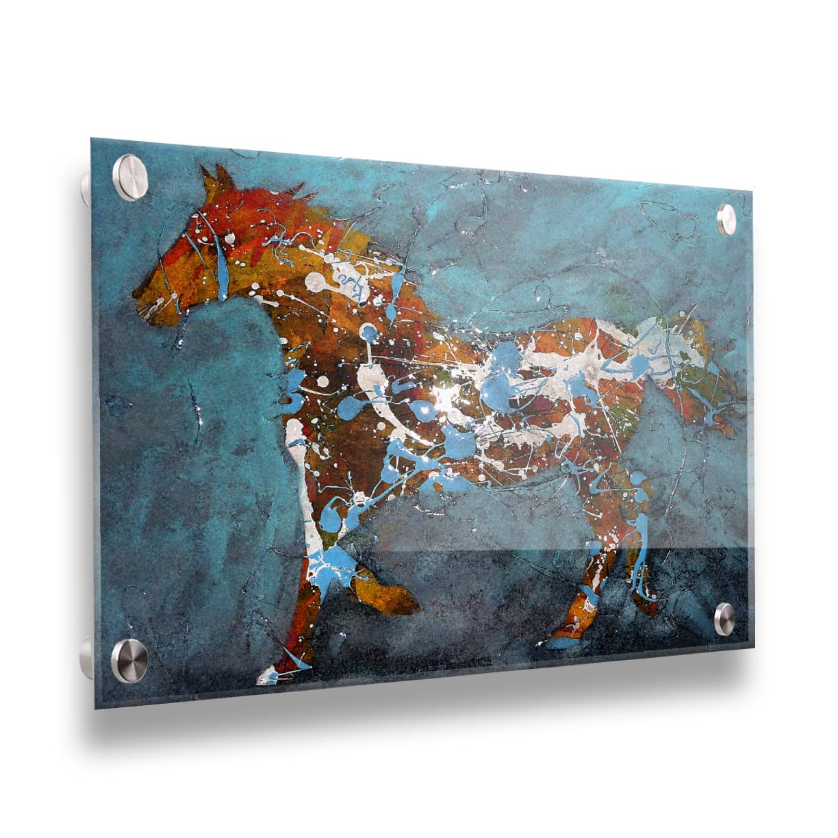 A drip painting of a brown silhouetted horse accented with blue and white, against a blue background. Printed on acrylic.