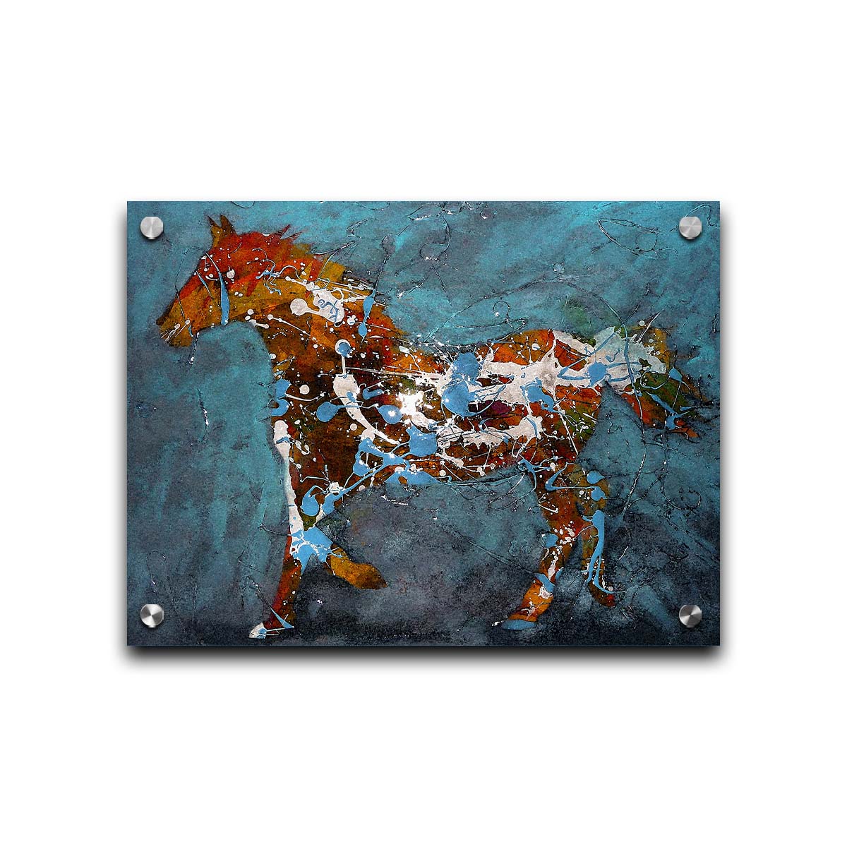 A drip painting of a brown silhouetted horse accented with blue and white, against a blue background. Printed on acrylic.