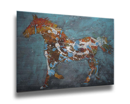 A drip painting of a brown silhouetted horse accented with blue and white, against a blue background. Printed on metal.