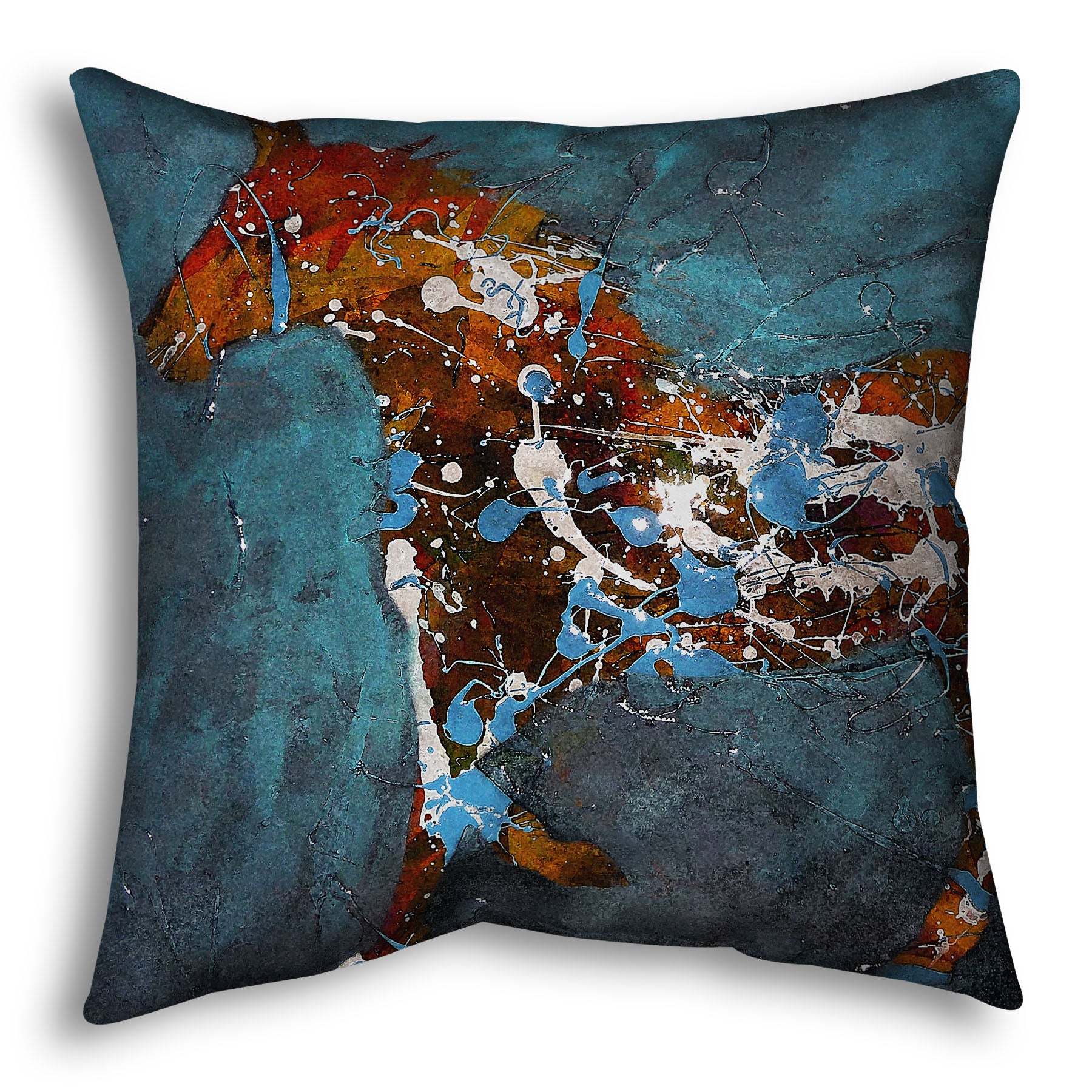 A throw pillow designed with a drip painting of a brown silhouetted horse accented with blue and white, against a blue background.