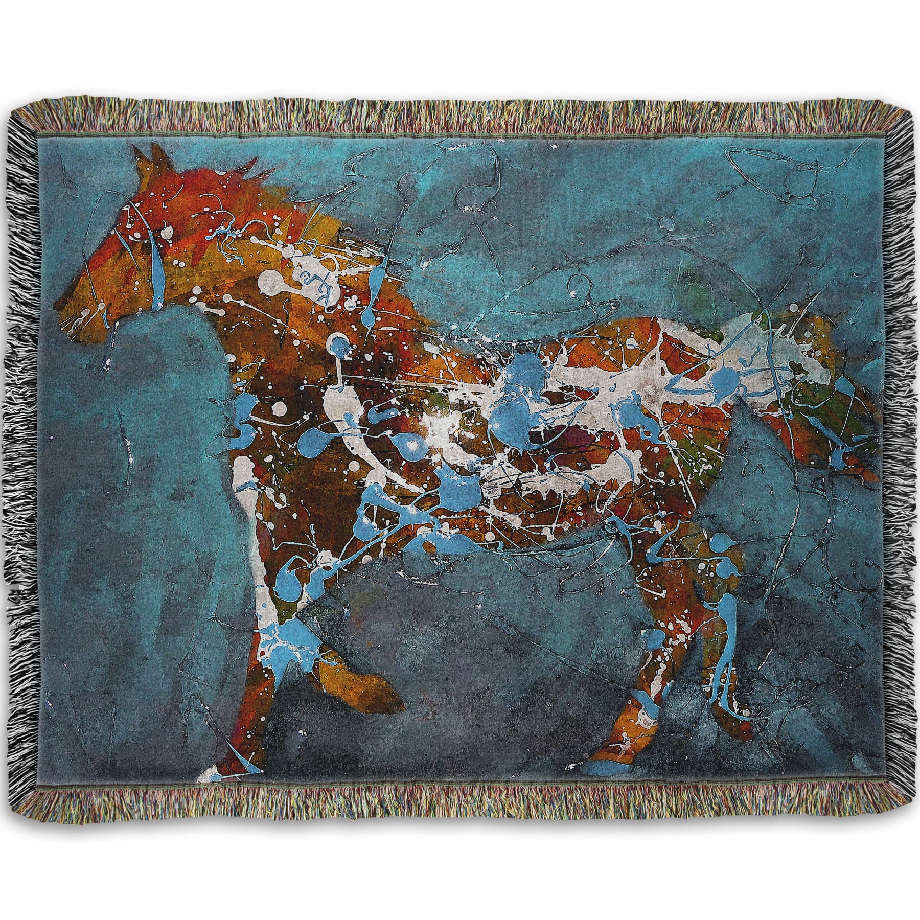 A woven throw blanket designed with a drip painting of a brown silhouetted horse accented with blue and white, against a blue background.
