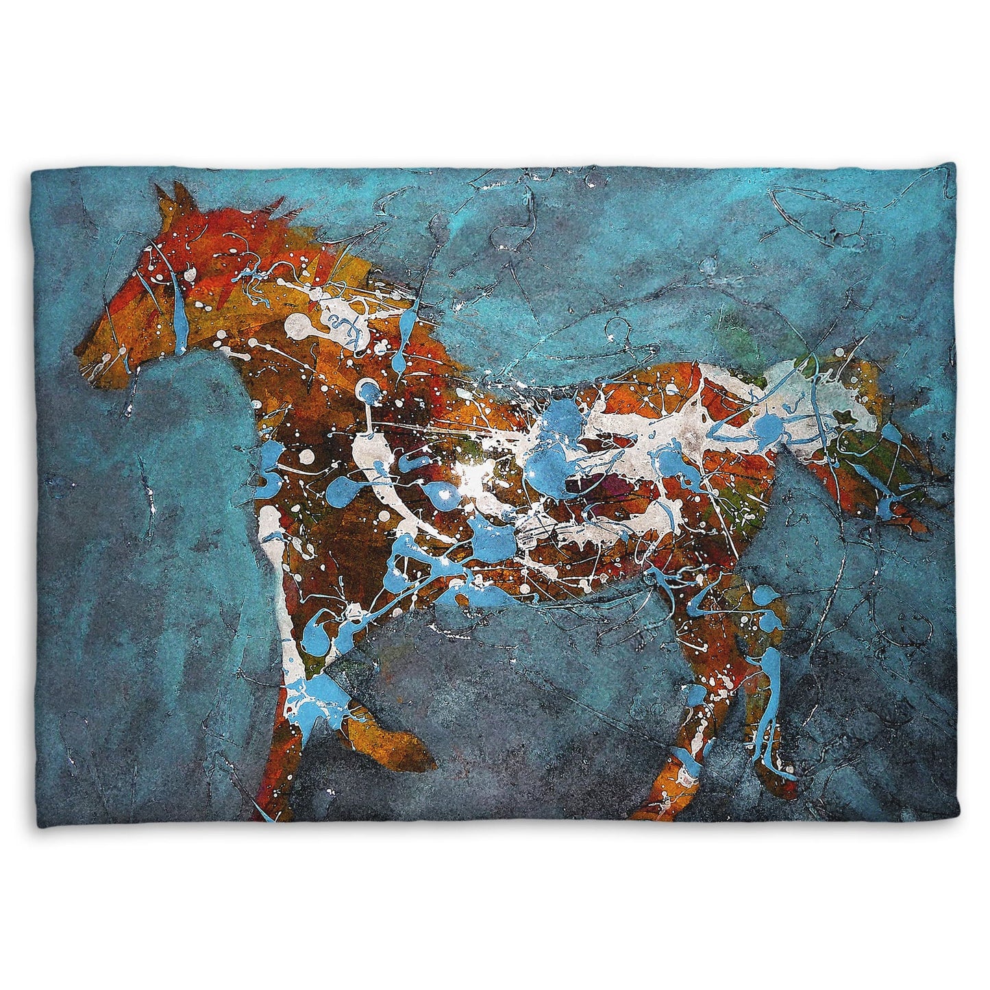 A fleece throw blanket designed with a drip painting of a brown silhouetted horse accented with blue and white, against a blue background.