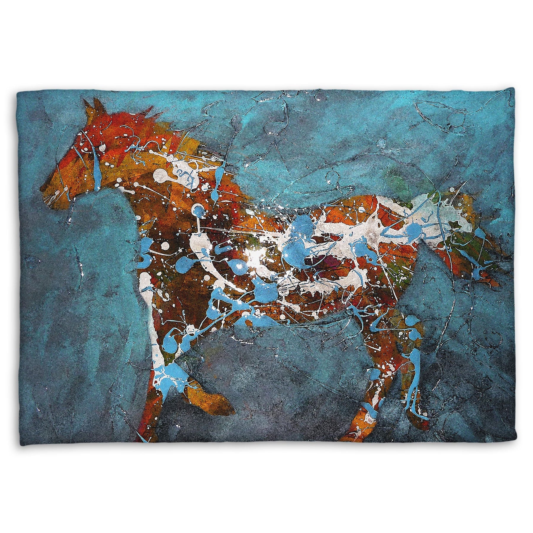 A fleece throw blanket designed with a drip painting of a brown silhouetted horse accented with blue and white, against a blue background.