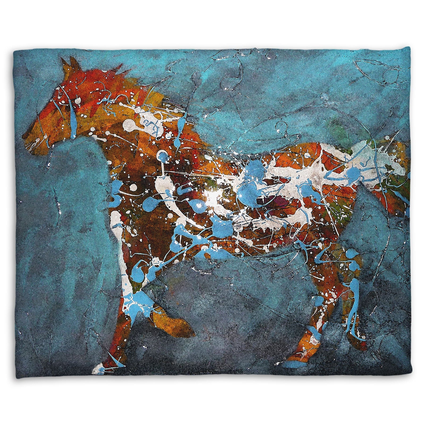 A fleece throw blanket designed with a drip painting of a brown silhouetted horse accented with blue and white, against a blue background.