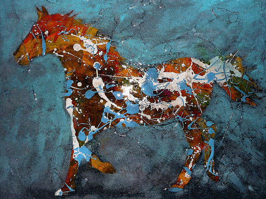 A drip painting of a brown silhouetted horse accented with blue and white, against a blue background.