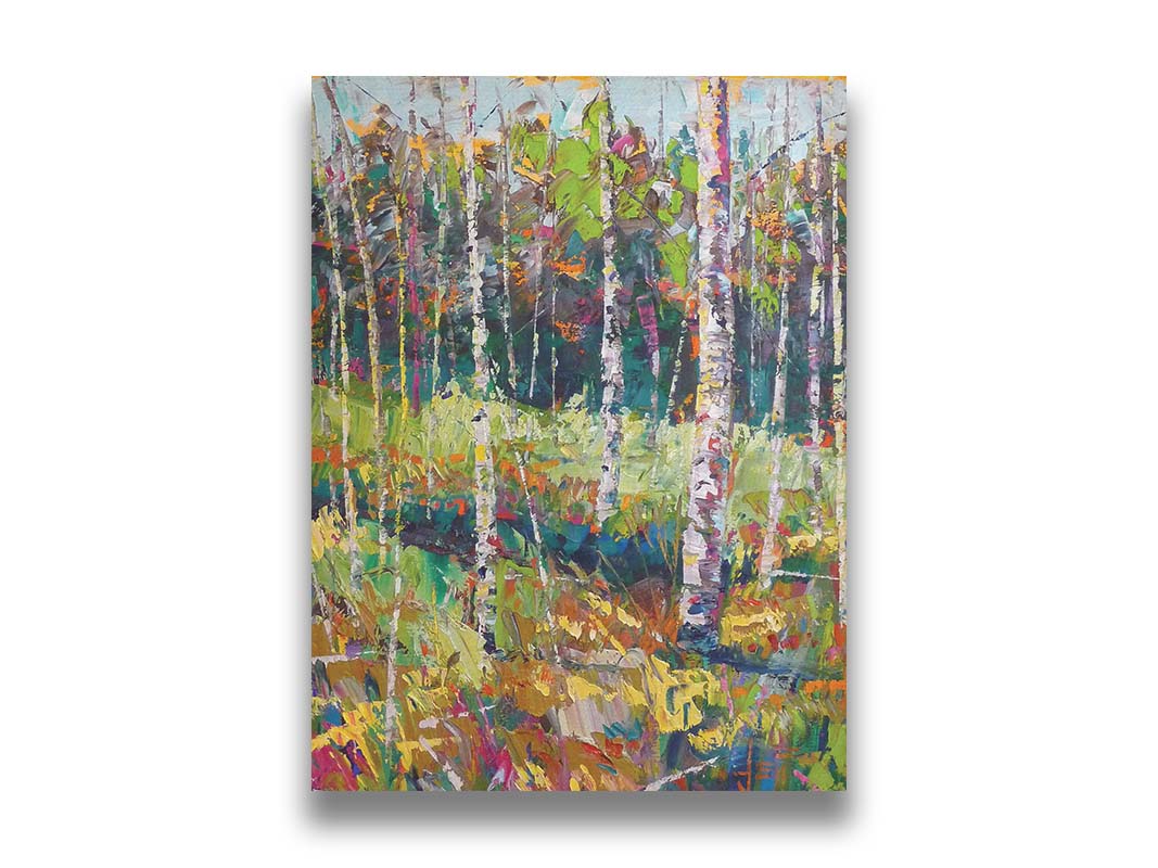 A painting of a birch forest in a variety of colors, from dark blue shadows in the distance to soft green grasses. Printed on canvas.