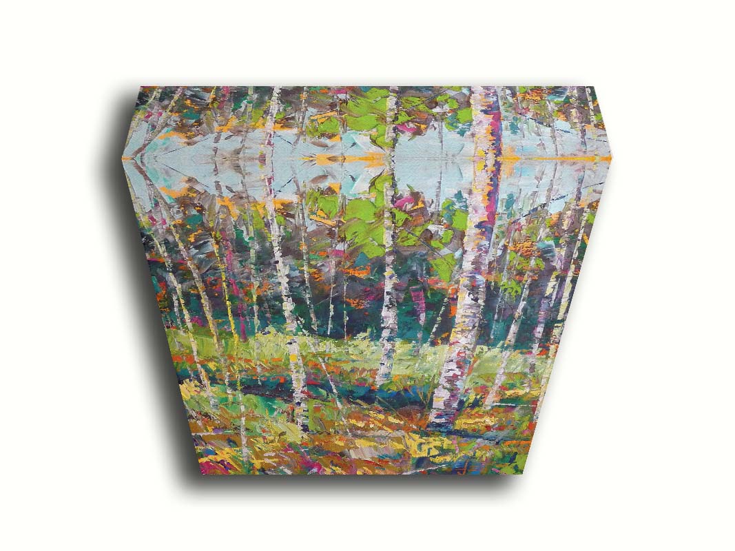 A painting of a birch forest in a variety of colors, from dark blue shadows in the distance to soft green grasses. Printed on canvas.