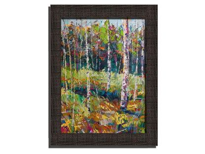 A painting of a birch forest in a variety of colors, from dark blue shadows in the distance to soft green grasses. Printed on canvas and framed.