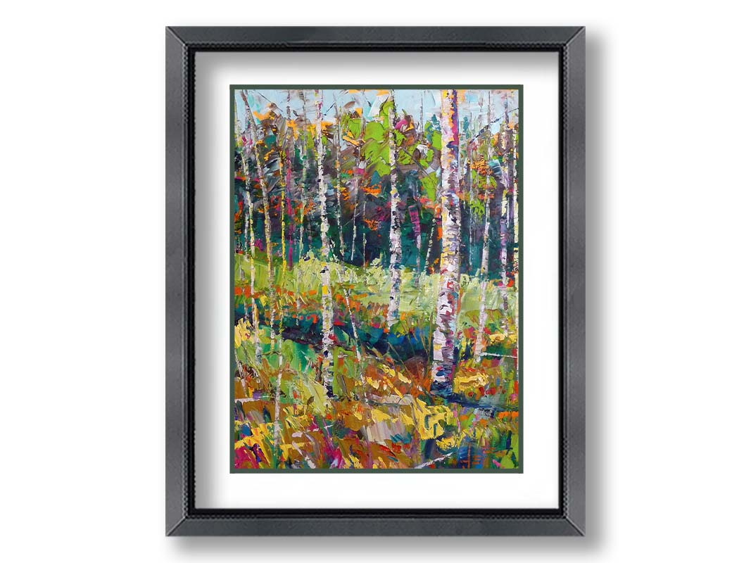 A painting of a birch forest in a variety of colors, from dark blue shadows in the distance to soft green grasses. Printed on paper, matted, and framed.