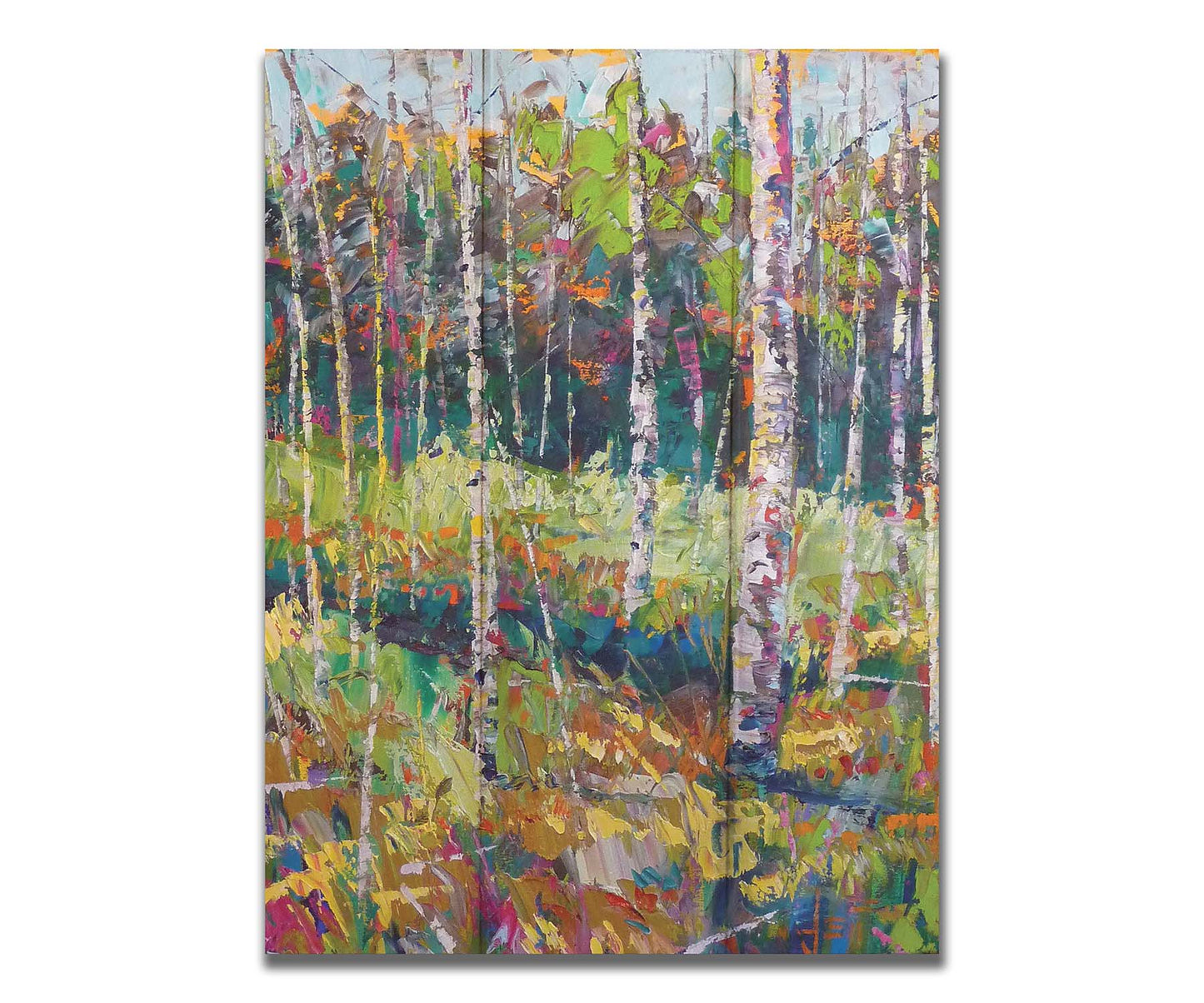 A painting of a birch forest in a variety of colors, from dark blue shadows in the distance to soft green grasses. Printed on a box board.