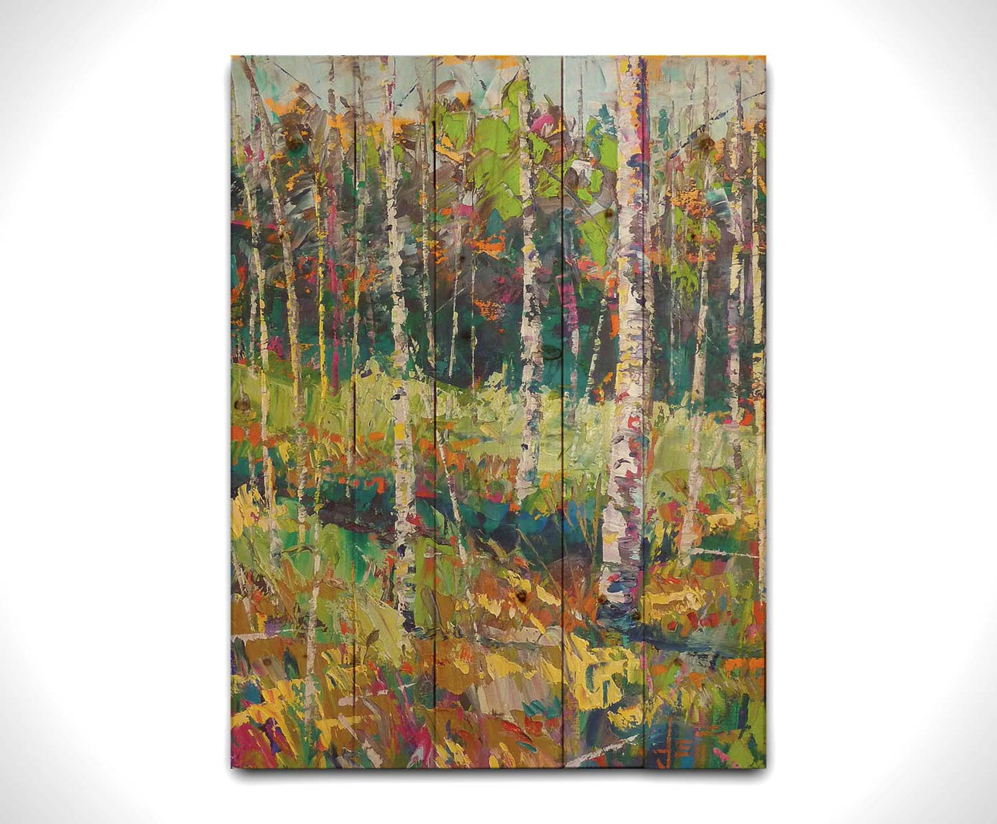 A painting of a birch forest in a variety of colors, from dark blue shadows in the distance to soft green grasses. Printed on a wood pallet.