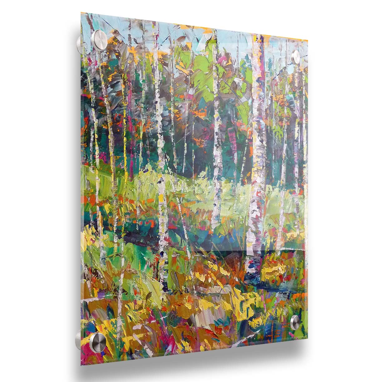 A painting of a birch forest in a variety of colors, from dark blue shadows in the distance to soft green grasses. Printed on acrylic.