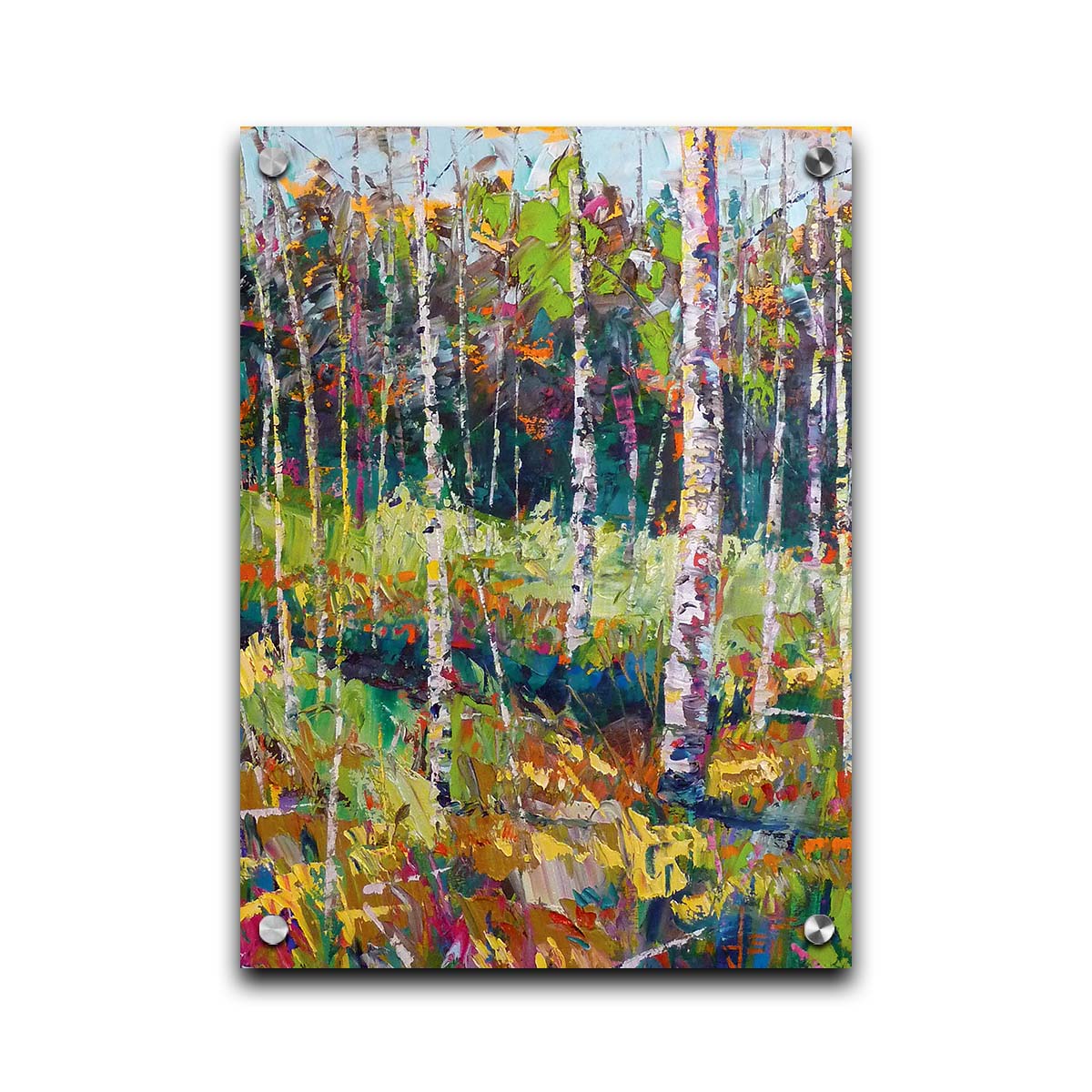 A painting of a birch forest in a variety of colors, from dark blue shadows in the distance to soft green grasses. Printed on acrylic.