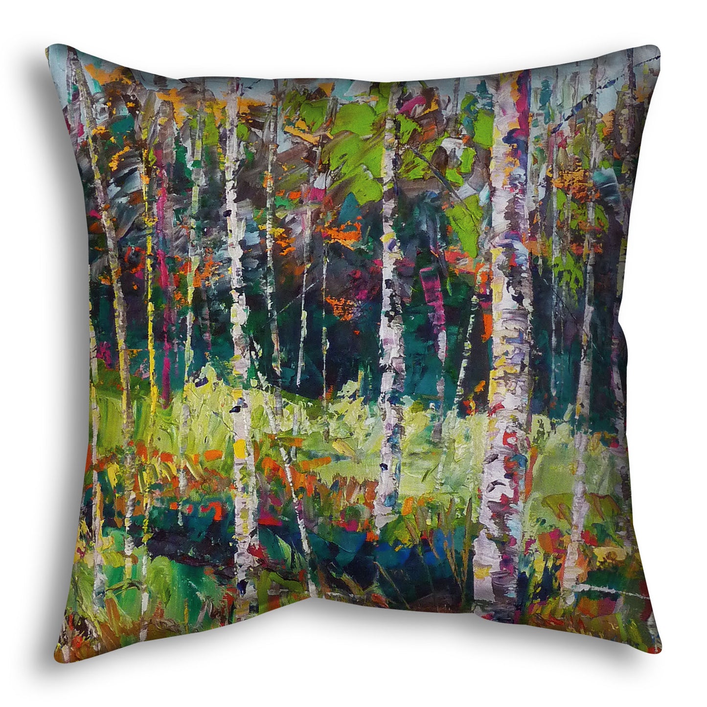 A throw pillow designed with a painting of a birch forest in a variety of vibrant colors with textured brushwork.