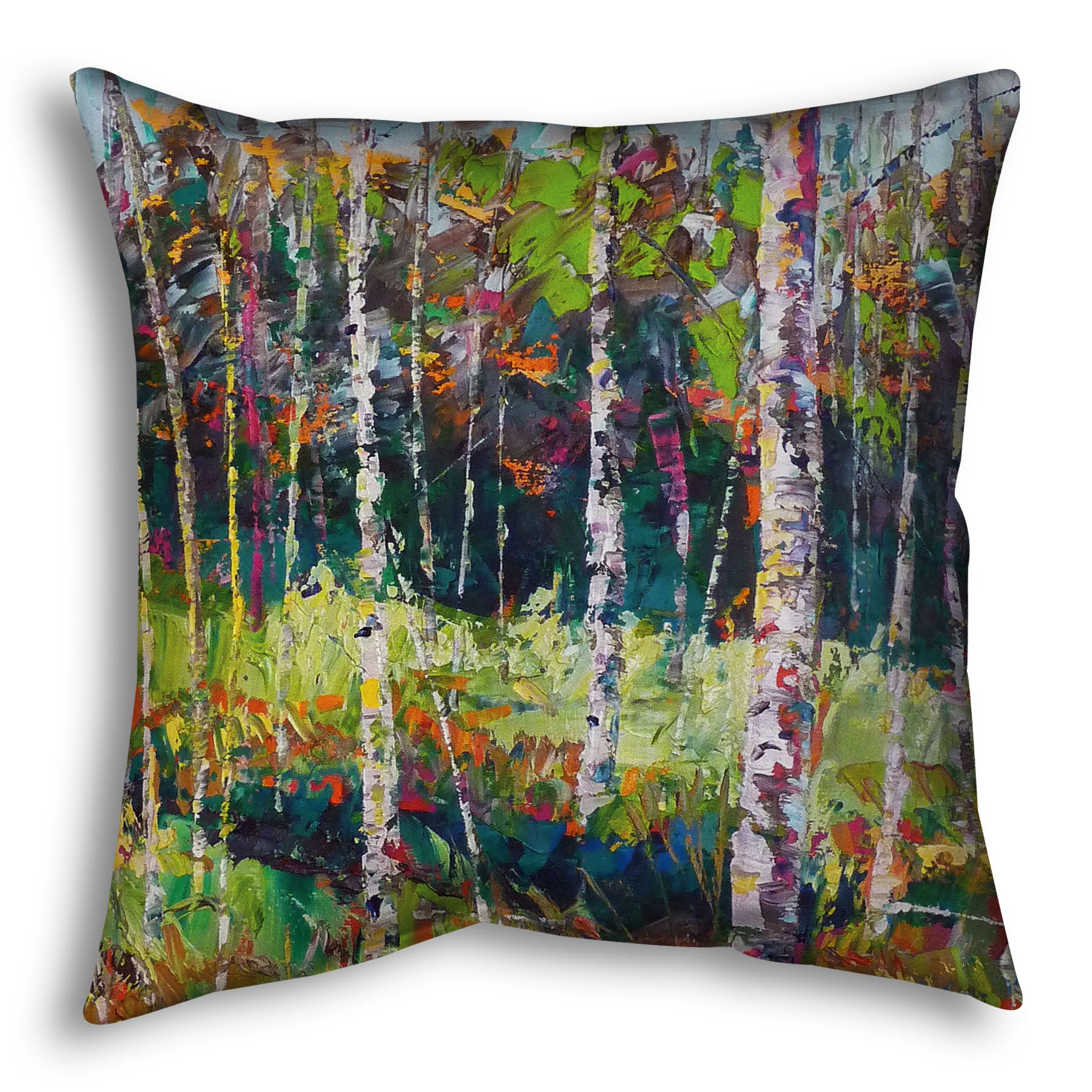 A throw pillow designed with a painting of a birch forest in a variety of vibrant colors with textured brushwork.