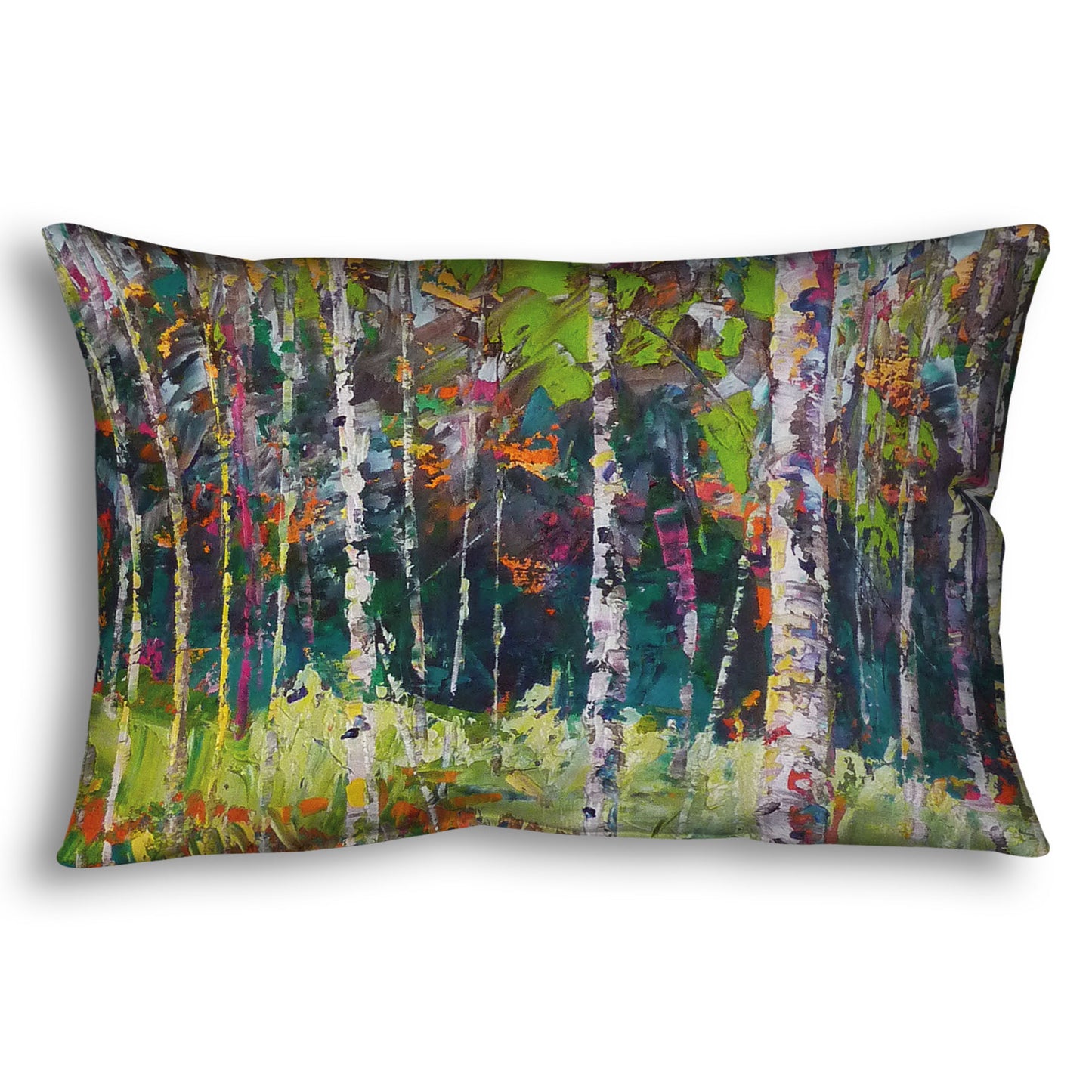 A throw pillow designed with a painting of a birch forest in a variety of vibrant colors with textured brushwork.