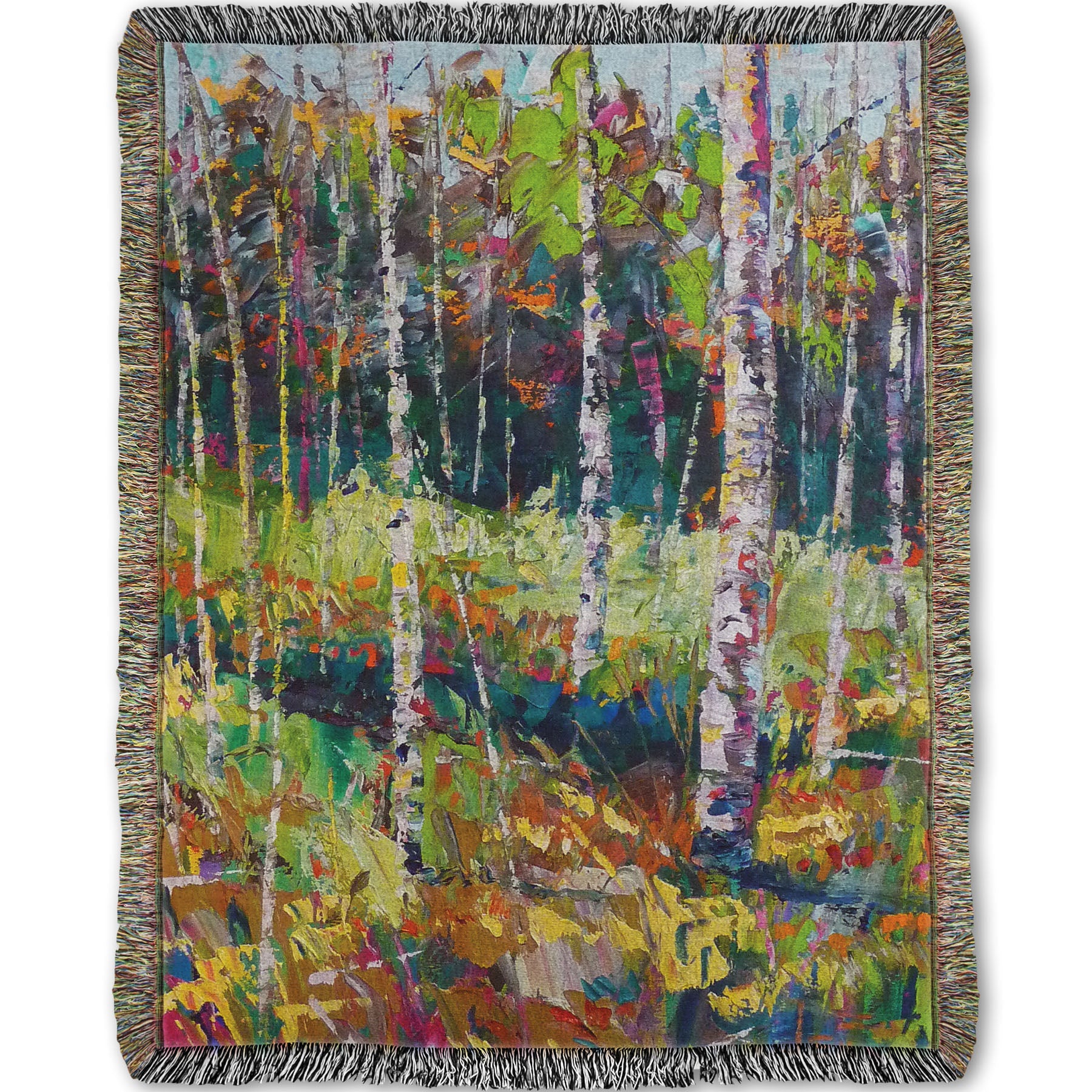 A woven throw blanket designed with a painting of a birch forest in a variety of vibrant colors with textured brushwork.