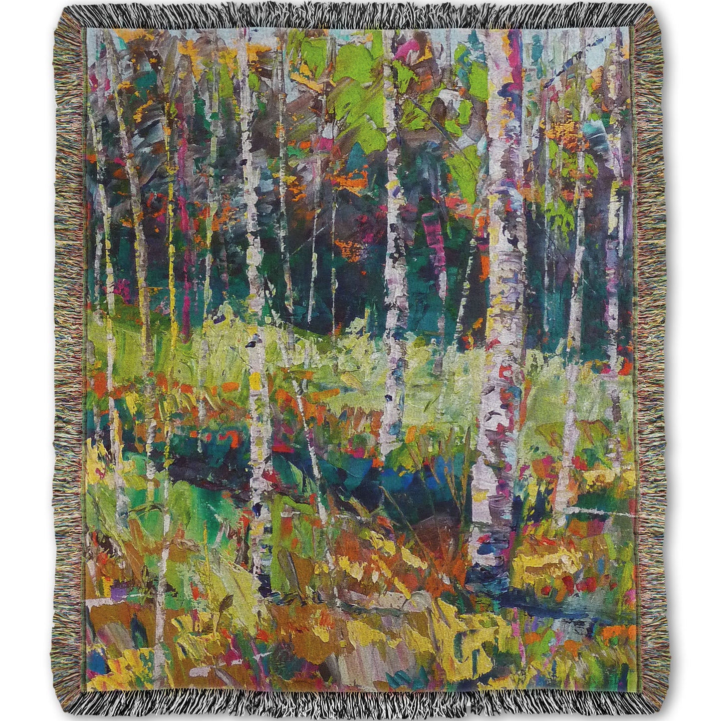 A woven throw blanket designed with a painting of a birch forest in a variety of vibrant colors with textured brushwork.