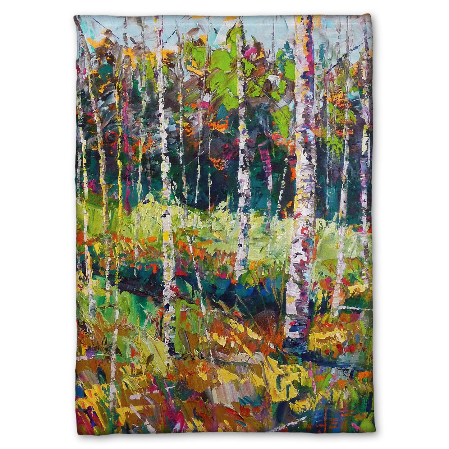 A fleece blanket designed with a painting of a birch forest in a variety of vibrant colors with textured brushwork.