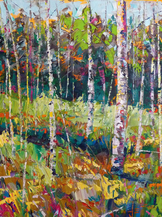 A painting of a birch forest in a variety of colors, from dark blue shadows in the distance to soft green grasses. 