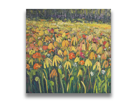 A painting of a field of yellow coneflowers, accented by other orange, pink, red, and white wildflowers. Printed on canvas.