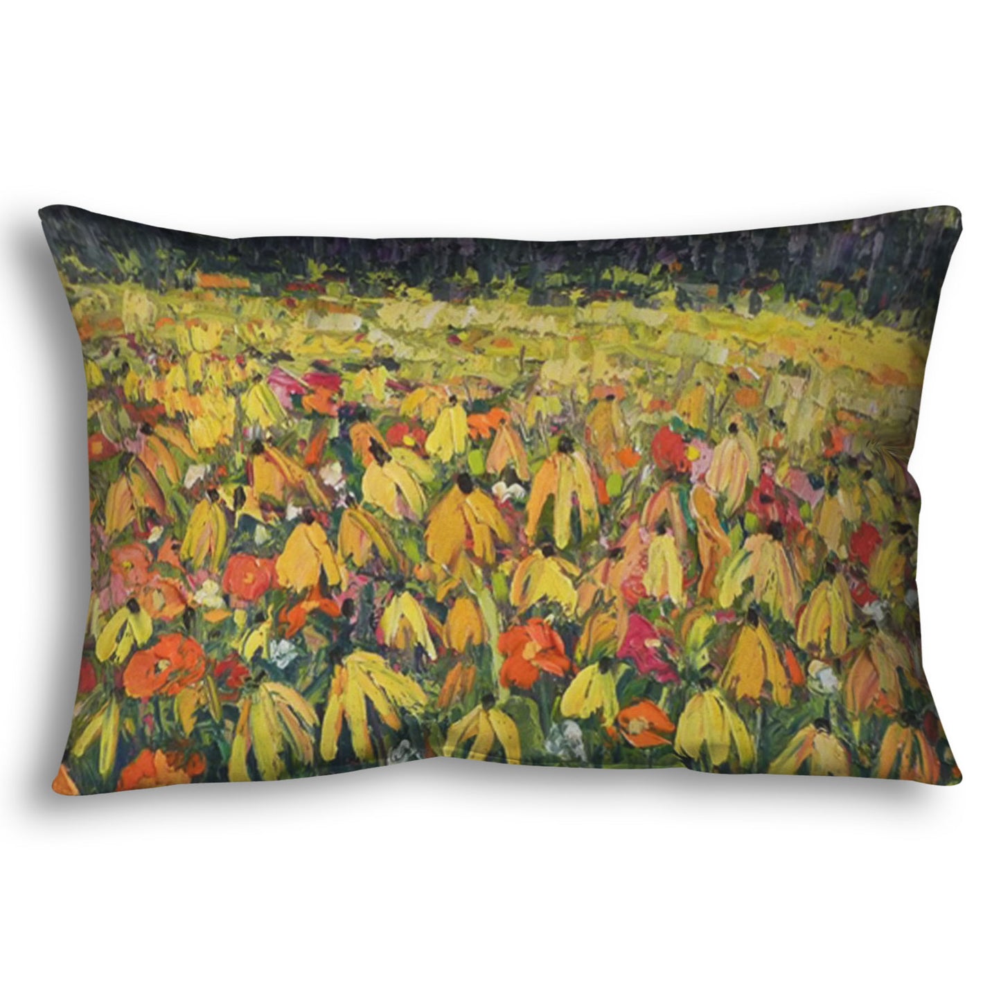 A throw pillow designed with a painting of a field of yellow coneflowers, accented by other orange, pink, red, and white wildflowers.