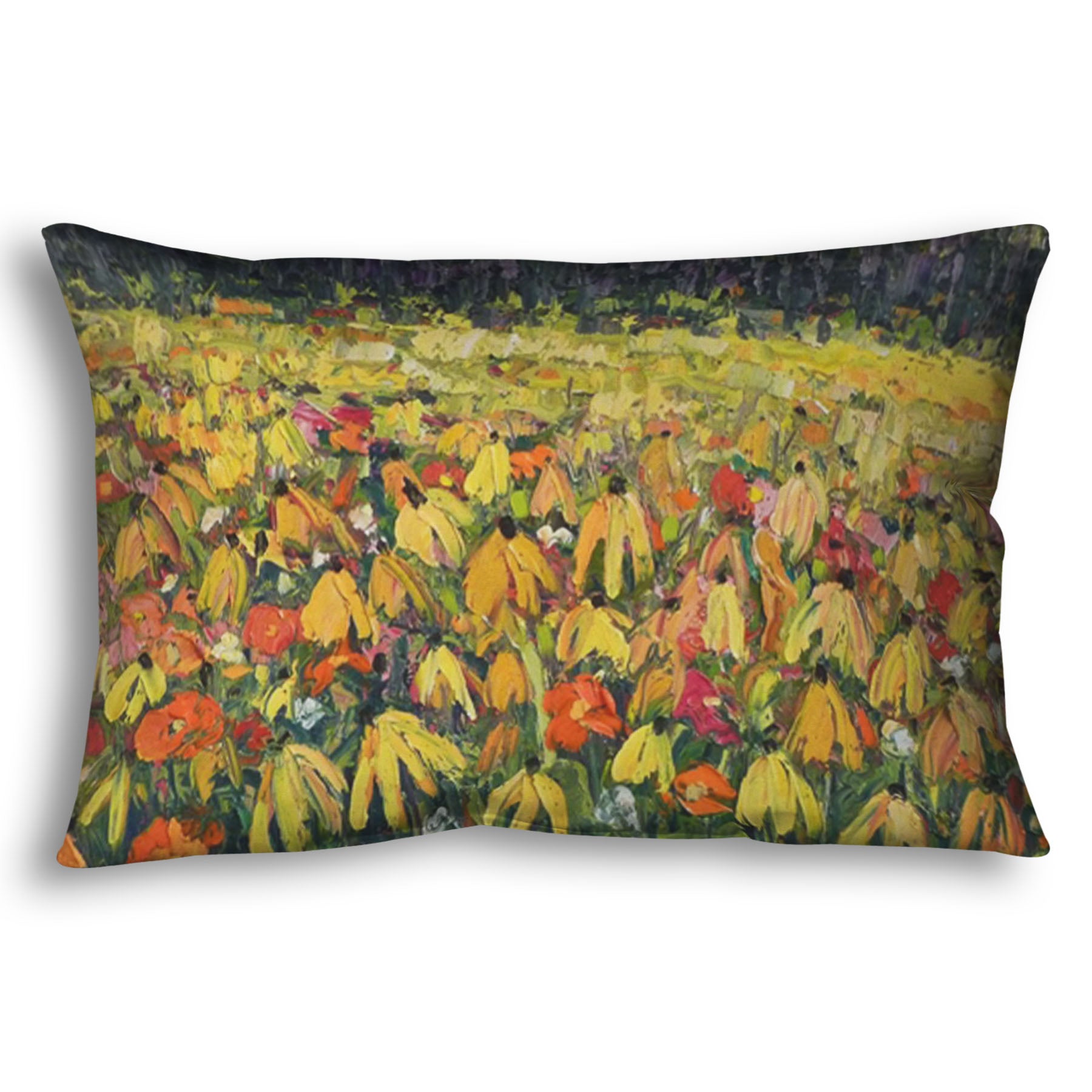 A throw pillow designed with a painting of a field of yellow coneflowers, accented by other orange, pink, red, and white wildflowers.