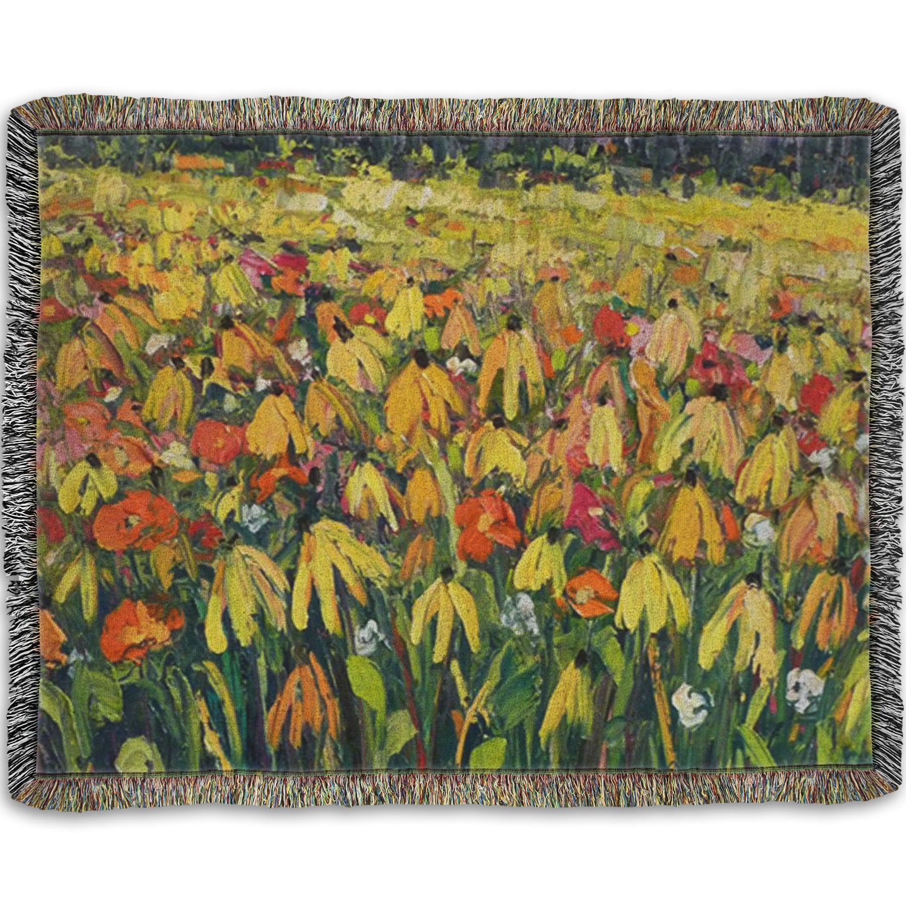A woven throw blanket designed with a painting of a field of yellow coneflowers, accented by other orange, pink, red, and white wildflowers.