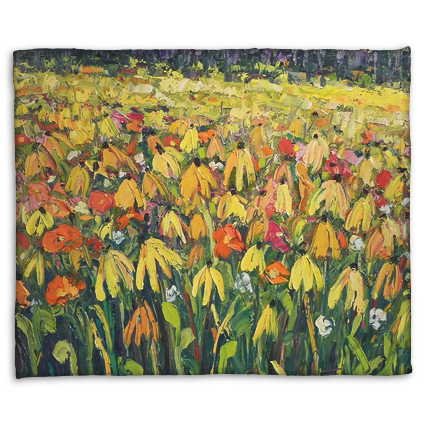 A fleece throw blanket designed with a painting of a field of yellow coneflowers, accented by other orange, pink, red, and white wildflowers.
