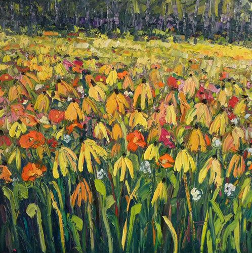 A painting of a field of yellow coneflowers, accented by other orange, pink, red, and white wildflowers.