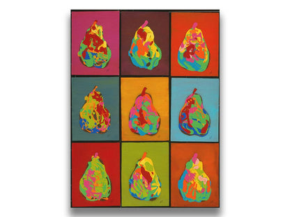 A drip painting of nine abstracted pears in arbitrary colors, arranged in a colorful grid of flat color panels. Printed on canvas.