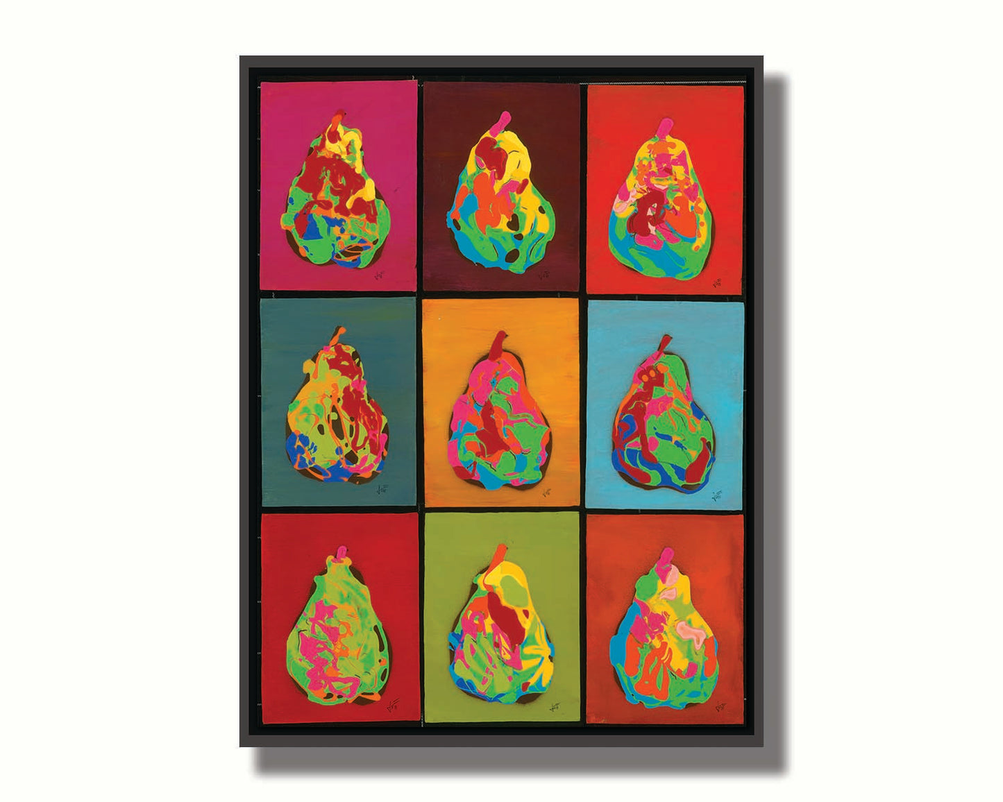 A drip painting of nine abstracted pears in arbitrary colors, arranged in a colorful grid of flat color panels. Printed on canvas in a float frame.