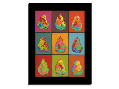 A drip painting of nine abstracted pears in arbitrary colors, arranged in a colorful grid of flat color panels. Printed on canvas and framed.