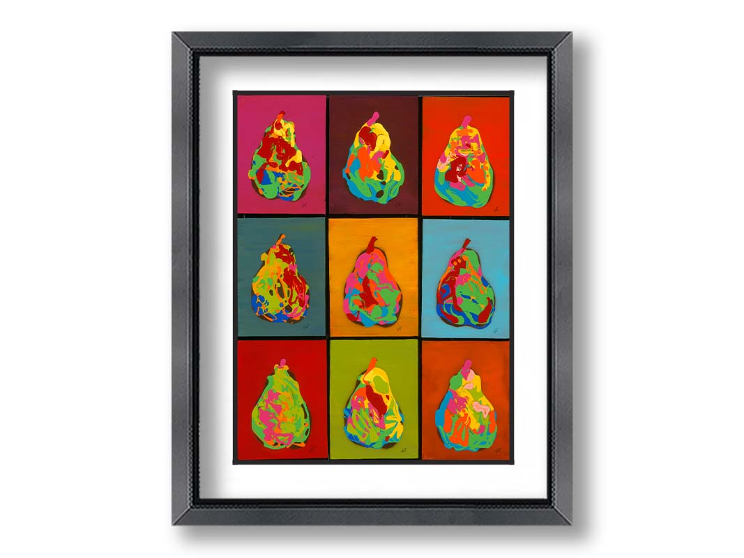 A drip painting of nine abstracted pears in arbitrary colors, arranged in a colorful grid of flat color panels. Printed on paper, matted, and framed.