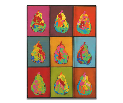 A drip painting of nine abstracted pears in arbitrary colors, arranged in a colorful grid of flat color panels. Printed on a box board.