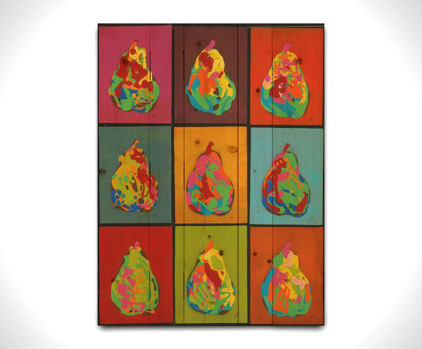 A drip painting of nine abstracted pears in arbitrary colors, arranged in a colorful grid of flat color panels. Printed on a wood pallet.