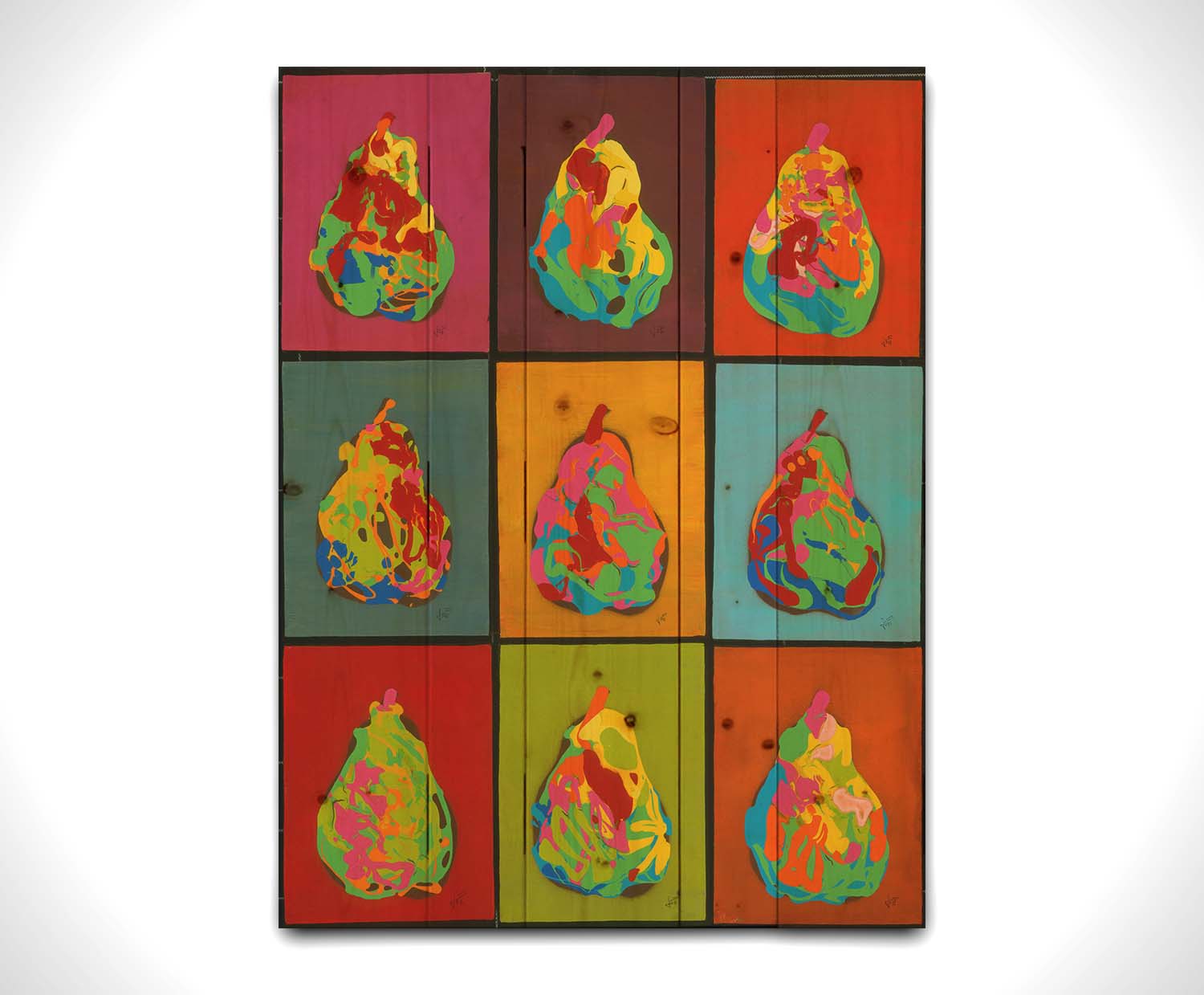 A drip painting of nine abstracted pears in arbitrary colors, arranged in a colorful grid of flat color panels. Printed on a wood pallet.