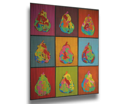 A drip painting of nine abstracted pears in arbitrary colors, arranged in a colorful grid of flat color panels. Printed on metal.