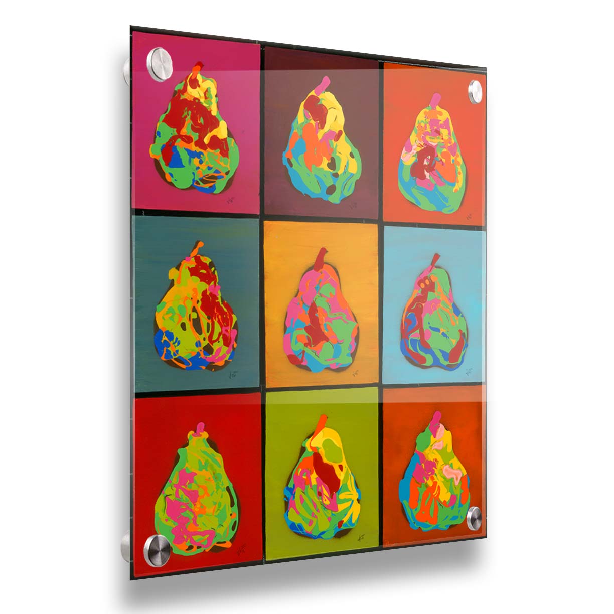 A drip painting of nine abstracted pears in arbitrary colors, arranged in a colorful grid of flat color panels. Printed on acrylic.