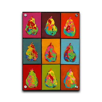 A drip painting of nine abstracted pears in arbitrary colors, arranged in a colorful grid of flat color panels. Printed on acrylic.