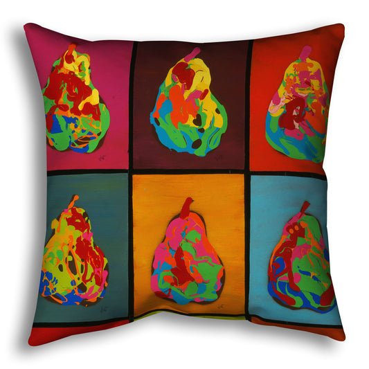 A throw pillow designed with a drip painting of six abstracted pears in arbitrary colors, arranged in a colorful grid of flat color panels. 
