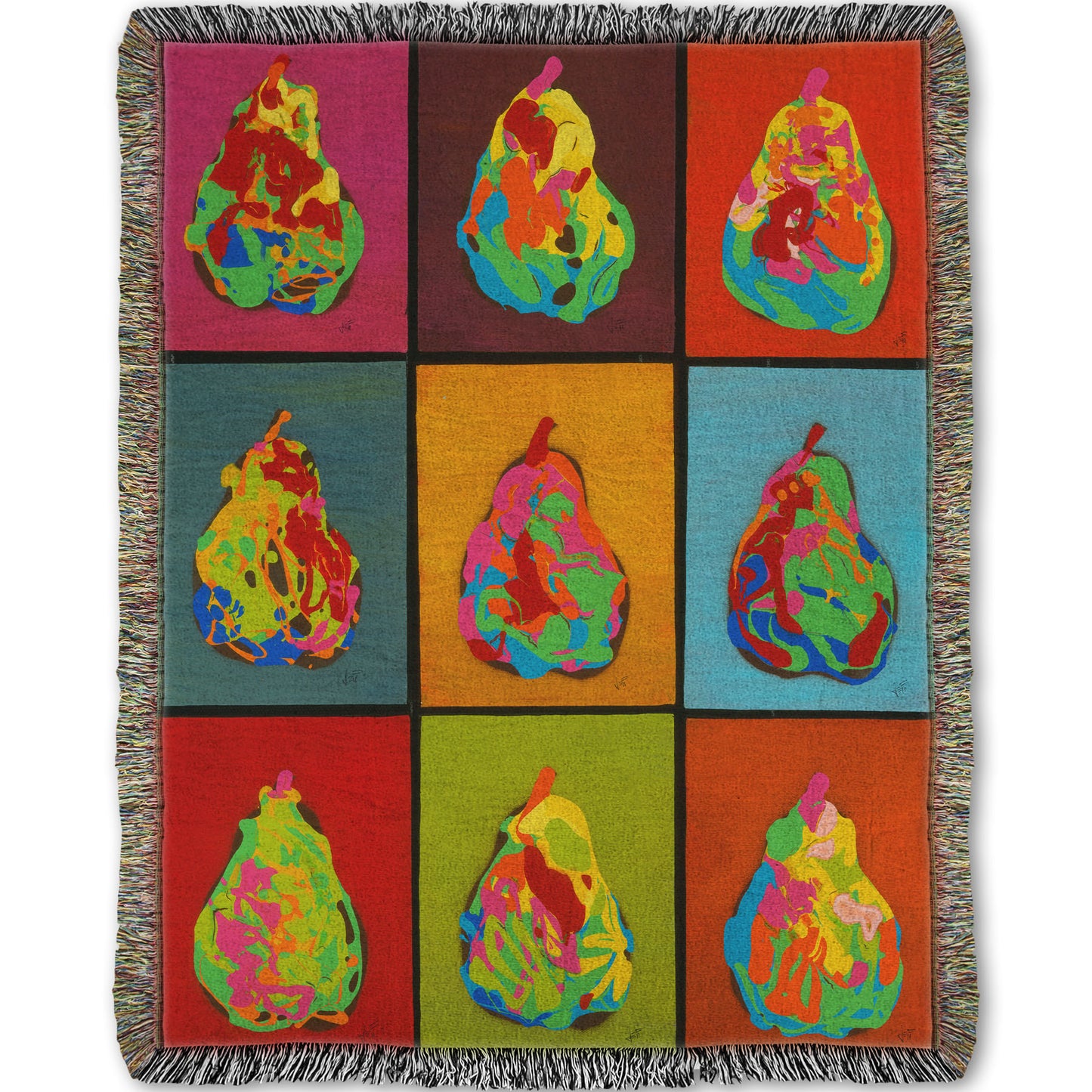 A woven throw blanket designed with a drip painting of six abstracted pears in arbitrary colors, arranged in a colorful grid of flat color panels. 