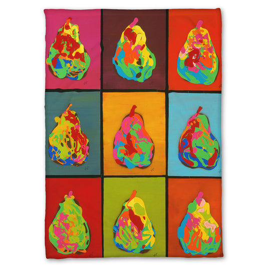 A fleece throw blanket designed with a drip painting of six abstracted pears in arbitrary colors, arranged in a colorful grid of flat color panels. 