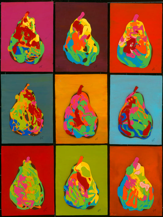A drip painting of nine abstracted pears in arbitrary colors, arranged in a colorful grid of flat color panels. 