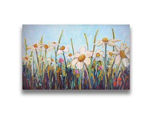 A painting of a wildflower field from a low angle, full of white daisies accented by small prink flowers. Printed on canvas.