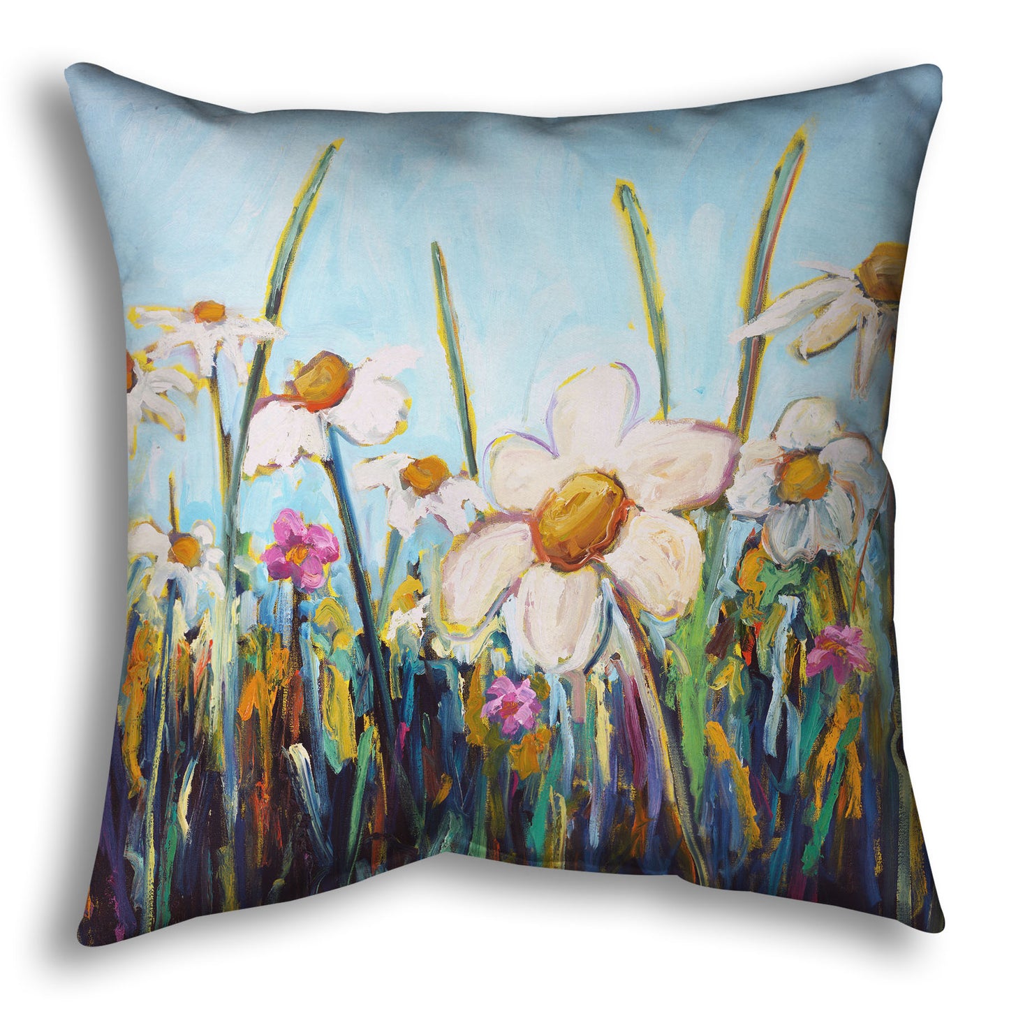 A throw pillow designed with a painting of a wildflower field from a low angle, full of white daisies accented by small pink flowers.