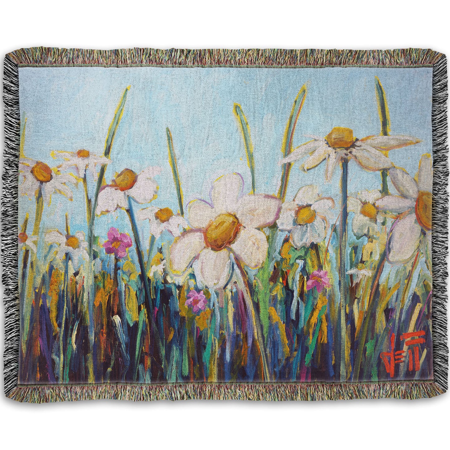 A woven throw blanket designed with a painting of a wildflower field from a low angle, full of white daisies accented by small pink flowers.