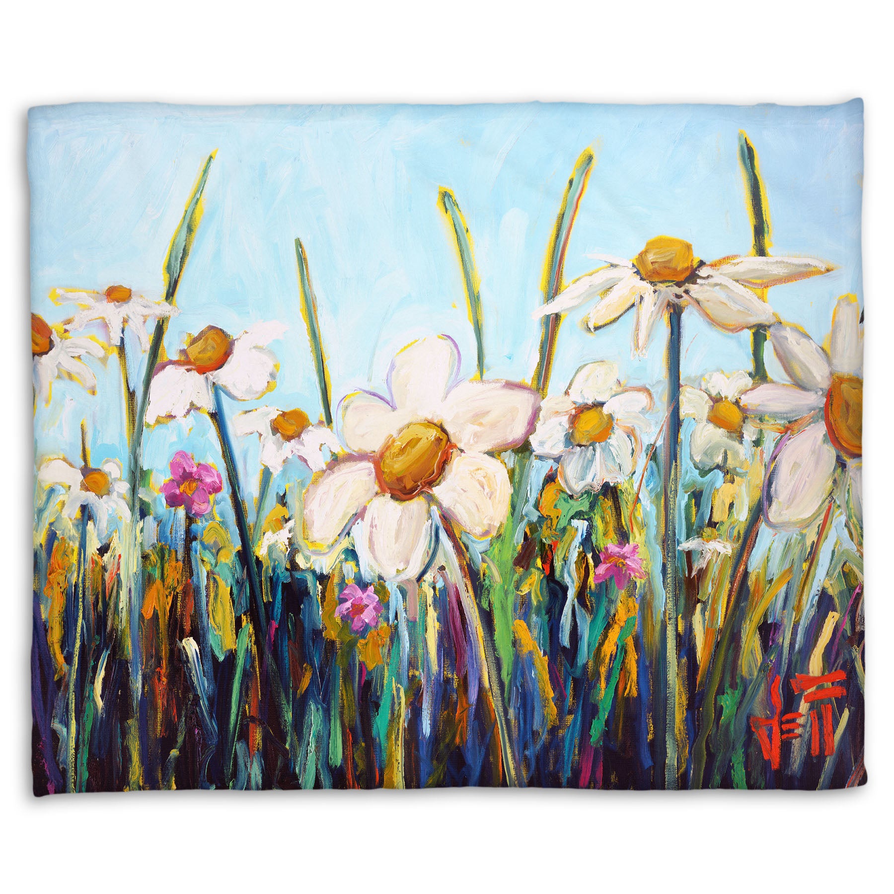 A fleece throw blanket designed with a painting of a wildflower field from a low angle, full of white daisies accented by small pink flowers.