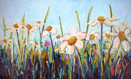 A painting of a wildflower field from a low angle, full of white daisies accented by small prink flowers.